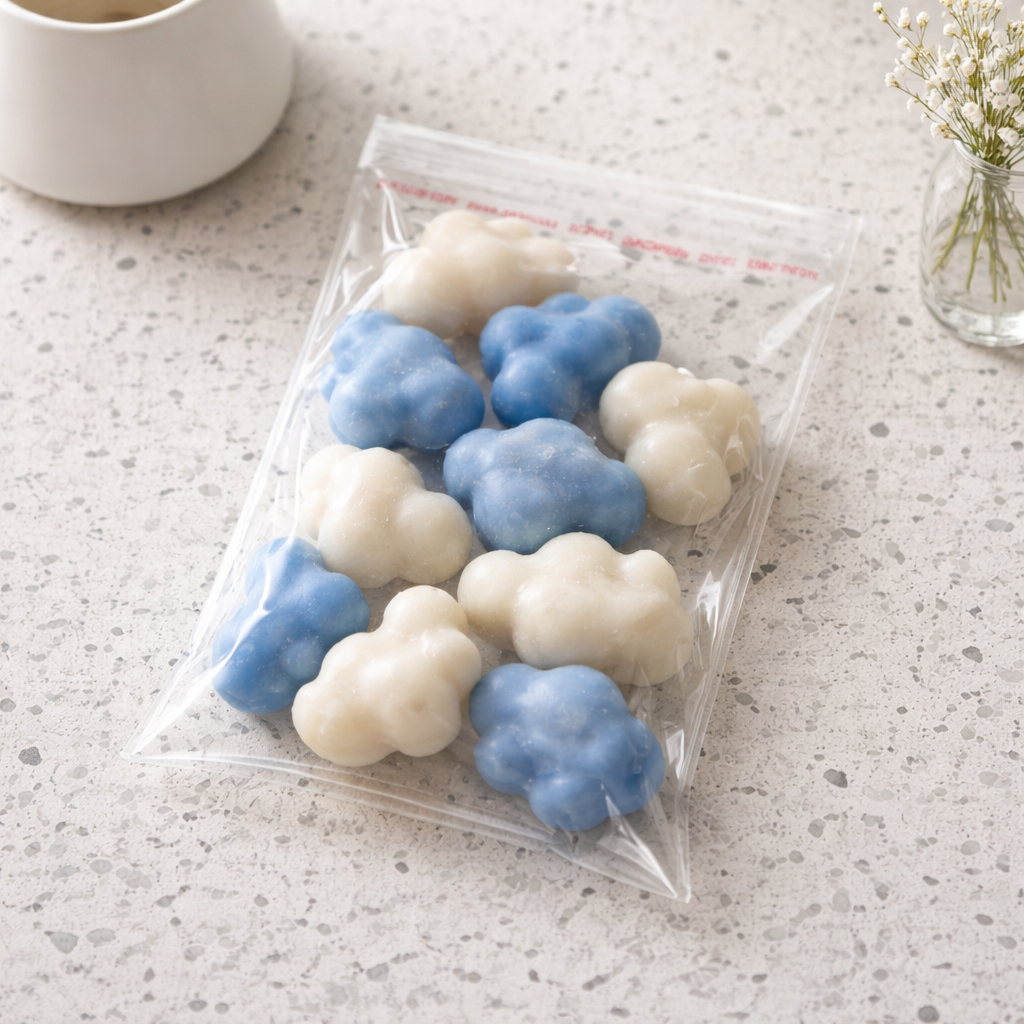 Soft Echo Coconut & Vanilla Wax Melts – 30g  Blue & White Cloud Shapes  Handmade Vegan Kerasoy