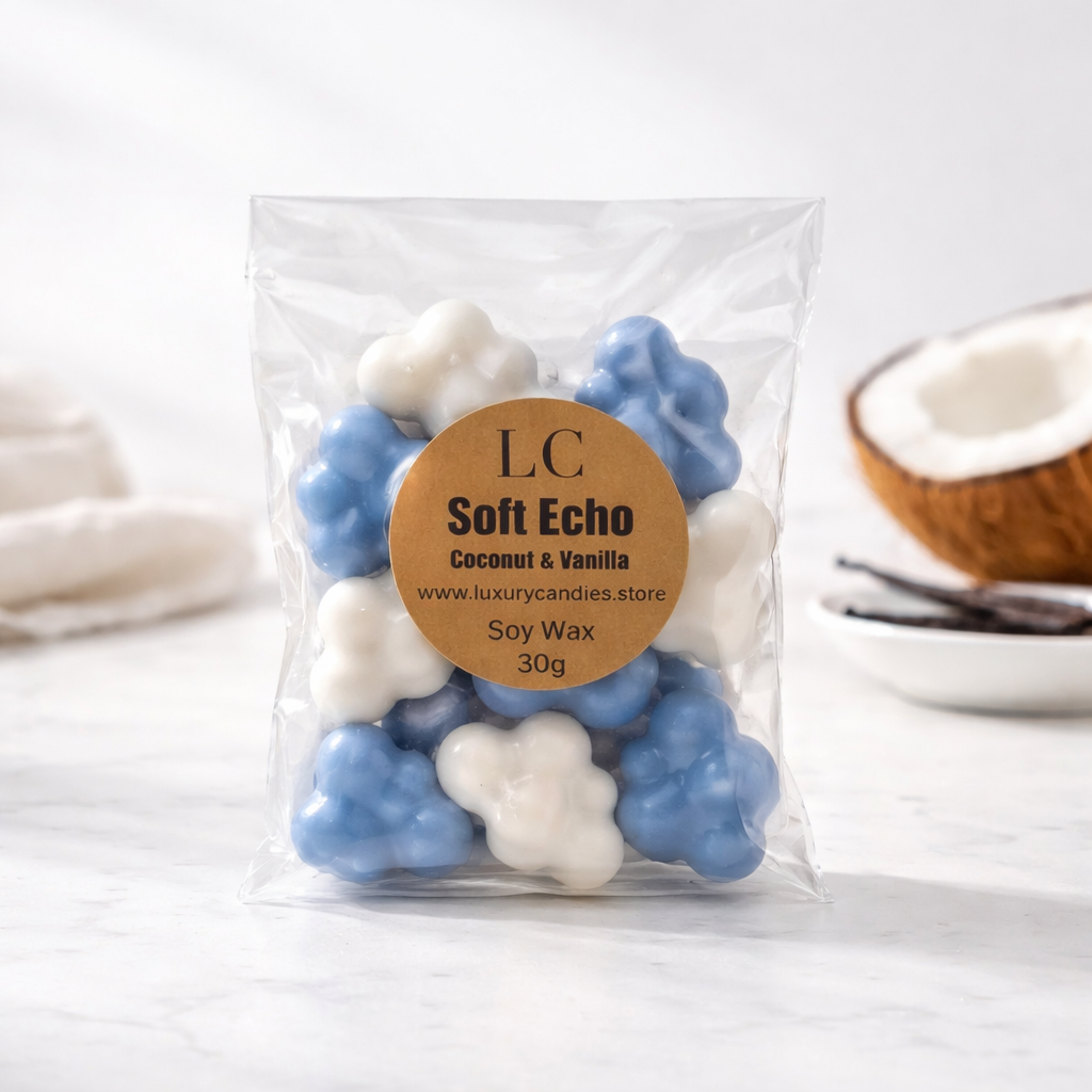 Soft Echo Coconut & Vanilla Wax Melts – 30g  Blue & White Cloud Shapes  Handmade Vegan Kerasoy