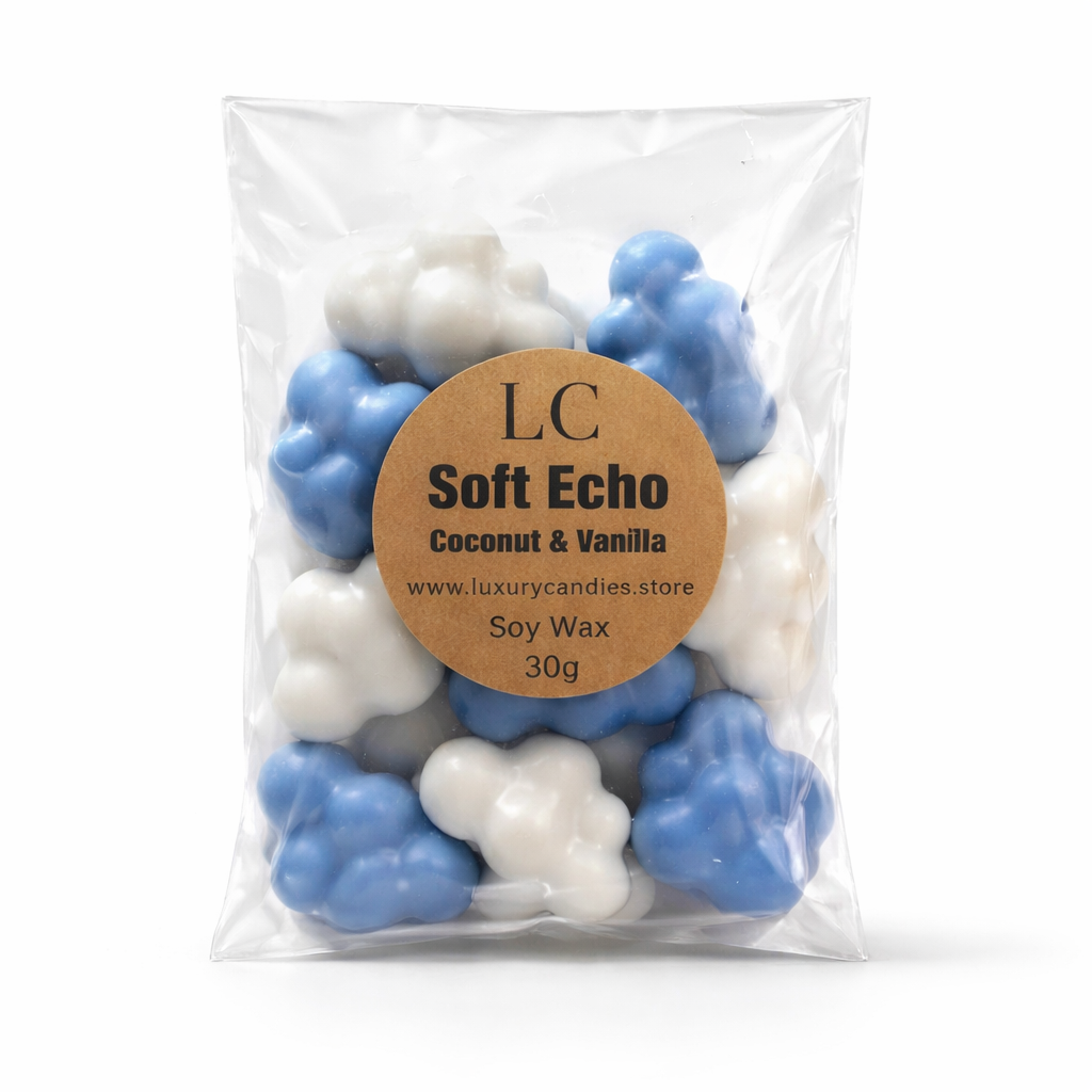 Soft Echo Coconut & Vanilla Wax Melts – 30g  Blue & White Cloud Shapes  Handmade Vegan Kerasoy