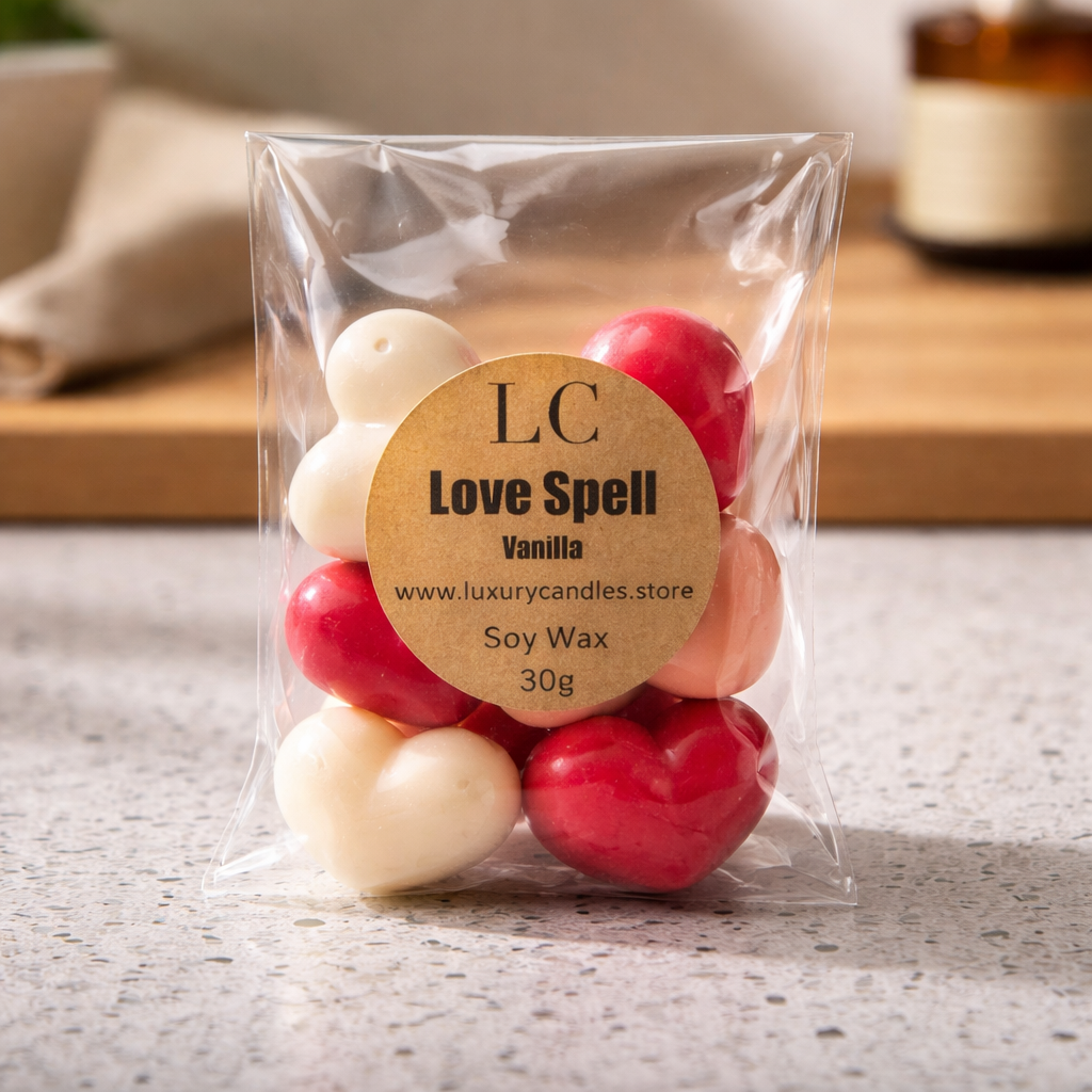 Love Spell Vanilla Wax Melts – 30g  Red & White Heart Shapes  Handmade Vegan Kerasoy